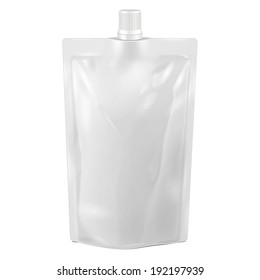 White Blank Doy-pack, Doypack Foil Food Or Drink Bag Packaging With Spout Lid. Illustration Isolated On White Background. Mock Up, Mockup Template Ready For Your Design. Vector EPS10