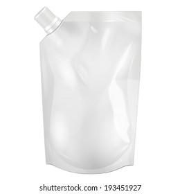 White Blank Doy-pack, Doypack Foil Food Or Drink Bag Packaging With Corner Spout Lid. Illustration Isolated On White Background. Mock Up, Mockup Template Ready For Your Design. Vector EPS10