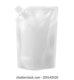 White Blank Doy-pack, Doypack Foil Food Or Drink Bag Packaging With Corner Spout Lid. Illustration Isolated On White Background. Mock Up, Mockup Template Ready For Your Design. Vector EPS10