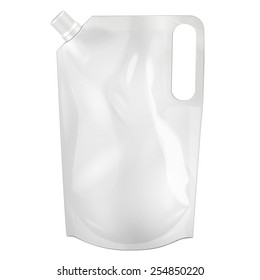 White Blank Doy-pack, Doypack Foil Food Or Drink Bag Packaging With Corner Spout Lid. Illustration Isolated On White Background. Mock Up Template Ready For Your Design. Vector EPS10