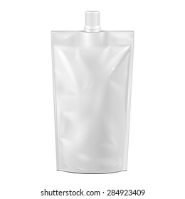 White Blank Doy-pack, Doypack Foil Food Or Drink Bag Packaging With Spout Lid. Plastic Pack Template Ready For Your Design. Vector EPS10