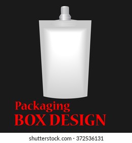 White Blank Doy-pack, Doypack Foil Food Or Drink Bag Packaging With Spout Lid. Illustration Isolated On Black Background. 