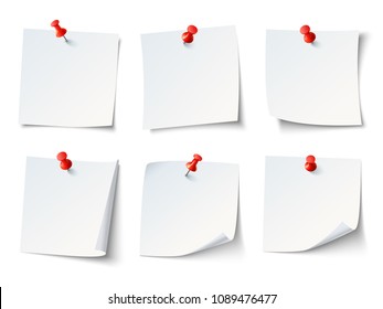 White blank draw papers, notes on red thumbtack. Top view note sticker with pins vector set