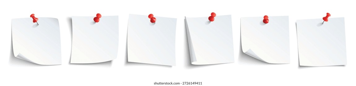 White blank draw papers, notes on red thumbtack. Top view note sticker with pins vector set
