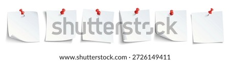 White blank draw papers, notes on red thumbtack. Top view note sticker with pins vector set