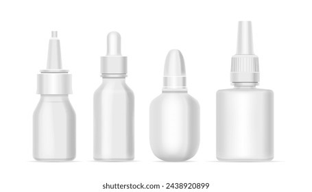 White, Blank Drug Bottles Mockup with Precise Pipettes, Ensuring Accurate Dosage. 3d Vector Nasal Drops Design