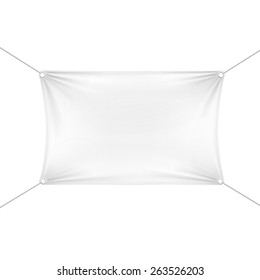 White Blank Empty Horizontal Rectangular Banner with Corners Ropes. Textile, Fabric or Nylon with Folds. Vector Illustration Isolated on Background. Ready Template for Your Logo, Text and Design