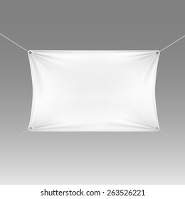 White Blank Empty Horizontal Rectangular Banner with Corners Ropes. Textile, Fabric or Nylon with Folds. Vector Illustration Isolated on Background. Ready Template for Your Logo, Text and Design