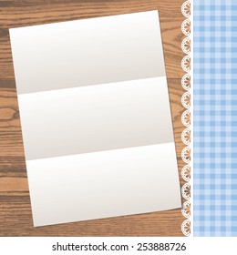 White blank empty paper sheet with lace frame doily and ribbon blue checkered border on a wooden texture background. Vector illustration