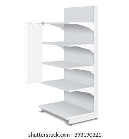 White Blank Empty Shelf Stopper Banner Showcase Displays With Retail Shelves Products 3D On White Background Isolated. Ready For Your Design. Product Packing. Vector EPS10