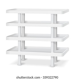 White Blank Empty Showcase Display Stand With Retail Shelves. Rounded Corners. 3D Products On White Background Isolated. Ready For Your Design. Product Packing. Vector EPS10