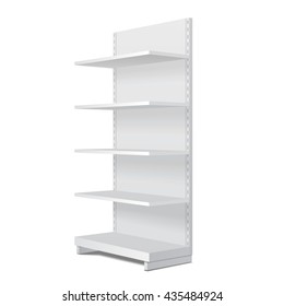 White Blank Empty Showcase Display With Retail Shelves. Perspective View 3D. Illustration Isolated On White Background. Mock Up Template Ready For Your Design. Product Packing Vector EPS10