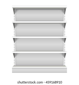 White Blank Empty Showcase Display With Retail Shelves. Front View 3D. Illustration Isolated On White Background. Mock Up Template Ready For Your Design. Product Packing Vector EPS10