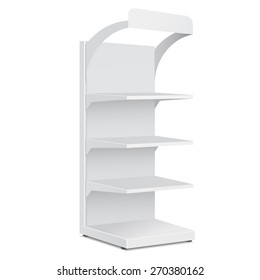 White Blank Empty Showcase Displays With Retail Shelves Products On White Background Isolated. Ready For Your Design. Product Packing. Vector EPS10