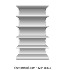 White Blank Empty Showcase Displays With Retail Shelves , White Background Isolated.