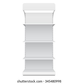 White Blank Empty Showcase Displays With Retail Shelves Front View 3D Products On White Background Isolated. Ready For Your Design. Product Packing. Vector EPS10