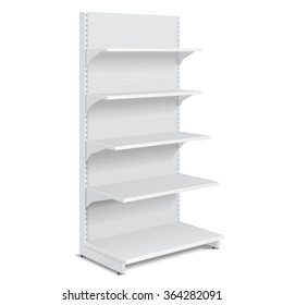 White Blank Empty Showcase Displays With Retail Shelves Products On White Background Isolated. Ready For Your Design. Product Packing. Vector EPS10