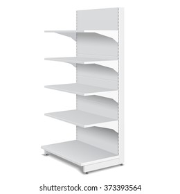 White Blank Empty Showcase Displays With Retail Shelves Products 3D On White Background Isolated. Ready For Your Design. Product Packing. Vector EPS10