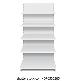 White Blank Empty Showcase Displays With Retail Shelves Products Front View 3D On White Background Isolated. Ready For Your Design. Product Packing. Vector EPS10