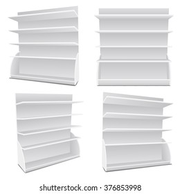 White Blank Empty Showcase Displays With Retail Shelves