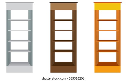White Blank Empty Showcase Displays With Retail Shelves Front View 3D Products. Isolated. Display mock up product packing. Stock Vector