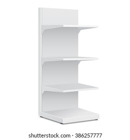 White Blank Empty Showcase Displays With Retail Shelves Products 3D On White Background Isolated. Ready For Your Design. Product Packing. Vector EPS10