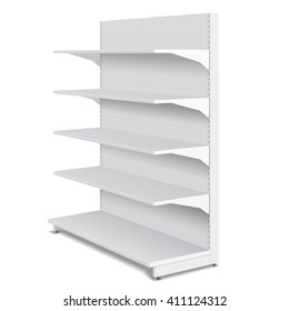 White Blank Empty Showcase Displays With Retail Shelves Products 3D On White Background Isolated. Ready For Your Design. Product Packing. Vector EPS10