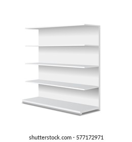 White blank empty showcase displays with retail shelves Perspective view. Vector template for advertising.