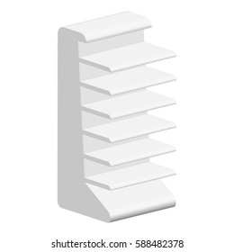 White Blank Empty Showcase Displays With Retail Shelves Products On White Background Isolated. Ready For Your Design. Product Packing. Vector EPS10