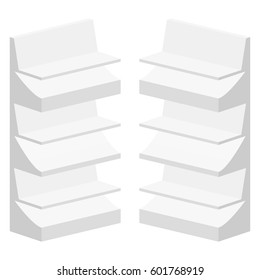 White Blank Empty Showcase Displays With Retail Shelves Products On White Background Isolated. Ready For Your Design. Product Packing. Vector EPS10