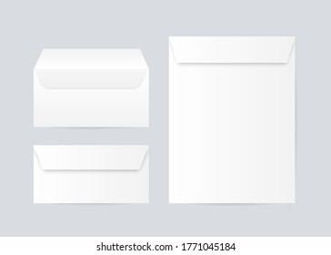 White Blank Envelopes realistic 3d isolated on gray background. Template Mockup for Business or message. White blank mail envelope.