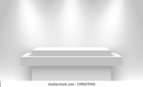 White blank exhibition stand, illuminated by spotlights. Pedestal. Vector illustration.