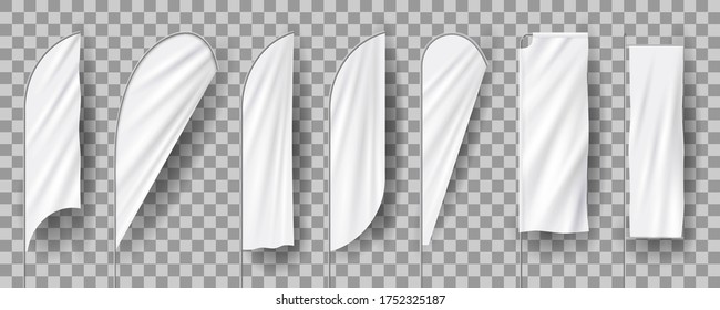 White blank feather flags, vertical banners stand, 3d realistic mockup. Vector set of textile waving advertisement banners, flags