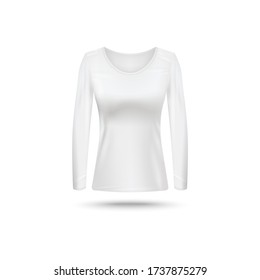 White blank female shirt with long sleeve and crew-neck mockup realistic vector illustration isolated on white background. Women base clothing or underwear template.
