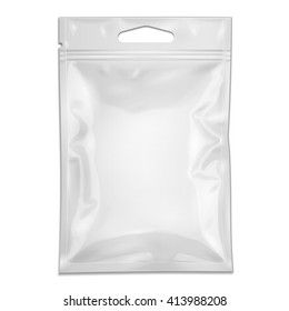 White Blank Filled Retort Foil Pouch Bag Packaging With Zipper, Hang Slot. Medicine Drugs Or Food Product. Illustration Isolated On White Background. Mock Up Template Ready For Your Design. Vector 