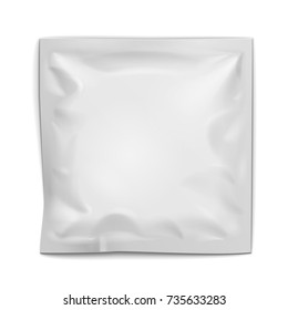 White Blank Filled Retort Foil Pouch Bag Packaging With Zipper. For Medicine Drugs Or Food Product. Illustration Isolated On White Background. Mock Up Template Ready For Your Design. Vector EPS10