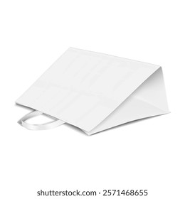 White blank flat bottom gusseted fabric handle paper bag lying on its side. 3d mockup. Large square package with handles. Realistic vector mock-up. Template for design