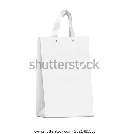 White blank flat handle paper gift bag. 3d mockup. Isolated merchandise gusseted package with eyelet fixed handles. Realistic vector mock-up. Template for design