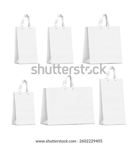 White blank flat handle paper gift bag. 3d mockup set. Isolated flat bottom gusseted merchandise retail package with handles. Realistic vector mock-up kit. Template for design. Easy editable