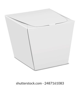 Caja de paquete plana blanca en blanco con tapa de cierre. Maqueta de Vector 3D realista. Caja de regalo de cartón Maqueta. Empaquetado de alimentos para llevar. Plantilla de diseño