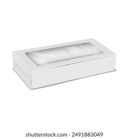 White blank flat pack paper box with plastic window. Realistic 3d vector mock-up. Cardboard gift box with locking lid. Mockup. Paperboard container packaging. Template for design