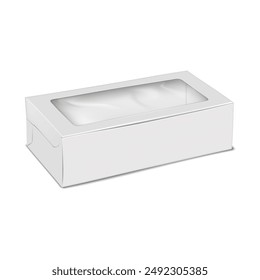 White blank flat pack paper box with plastic window. Realistic 3d vector mock-up. Cardboard gift box. Mockup. Paperboard container packaging. Template for design