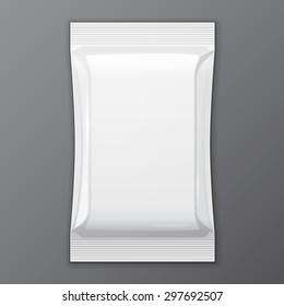 White Blank Foil Bag Packaging Coffee, Salt, Sugar, Pepper, Spices, Sachet, Sweets, Chocolate Or Candy Plastic Pack Ready For Your Design. Snack Product Packing Vector EPS10