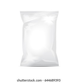 White blank foil bag packaging for food, snack, coffee, cocoa, sweets, crackers, nuts, chips. Realistic plastic pack mock up for your design