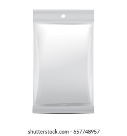 White blank foil bag packaging for food, snack, coffee, cocoa, sweets, crackers, chips, nuts. Vector plastic pack mock up for your design