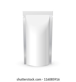 White Blank Foil Food Or Drink Bag Packaging. Plastic Pack Template Ready For Your Design. Vector EPS10