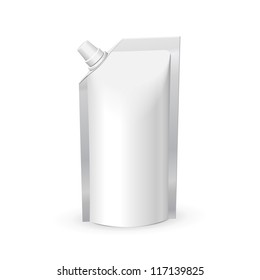 White Blank Foil Food Or Drink Bag Packaging With Lid. Plastic Pack Template Ready For Your Design. Vector EPS10