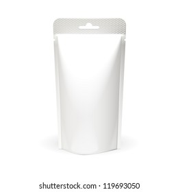 White Blank Foil Food Or Drink Bag Packaging With Hang Slot. Plastic Pack Template Ready For Your Design. Vector EPS10