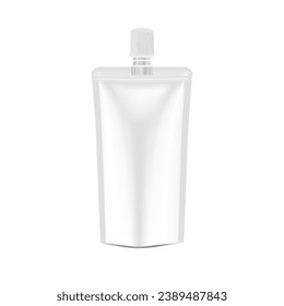 White Blank Foil Food Or Drink Bag Packaging With Lid. Plastic Pack Template Ready For Your Design. Vector illustration EPS 10.