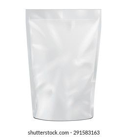 White Blank Foil Food Or Drink Doypack Bag Packaging. Illustration Isolated On White Background. Mock Up Template Ready For Your Design. Vector EPS10